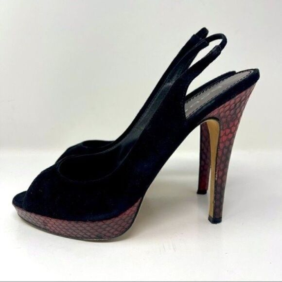 Bebe platform sling back heels black suede red snake skin stiletto 9B BoxD - Picture 1 of 9